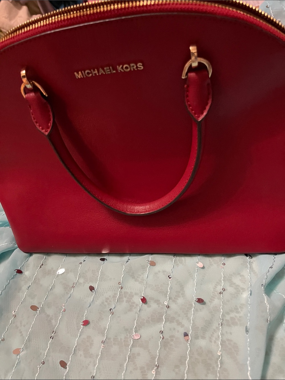 Michael Kors Red Dome Satchel with Gold Hardware